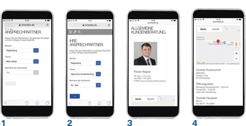 Vier Screenshots zur digitalen Kontaktsuche der BMW BKK.