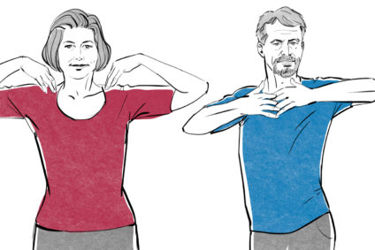 Illustration einer Frau und eines Mann, die ihre Arme dehnen.