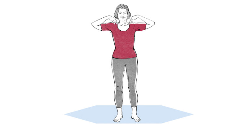 Illustration einer Frau, die ihre Hände im Stehen auf die Schultern legt.