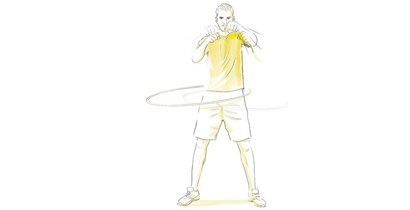 Illustration eines Mannes, der Hula Hoop-Training und Boxen vereint.
